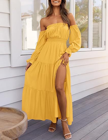 Off-Shoulder Side-Slit Layered Maxi Dress