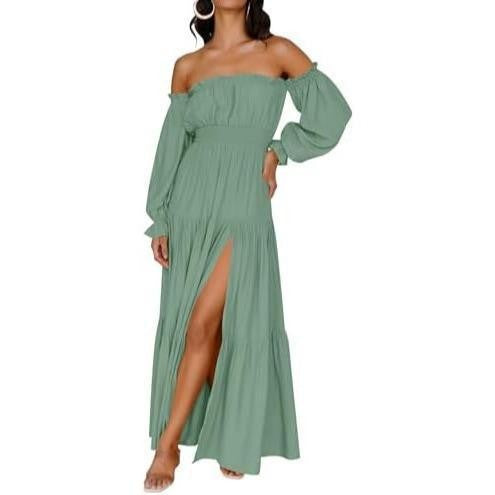 Off-Shoulder Side-Slit Layered Maxi Dress