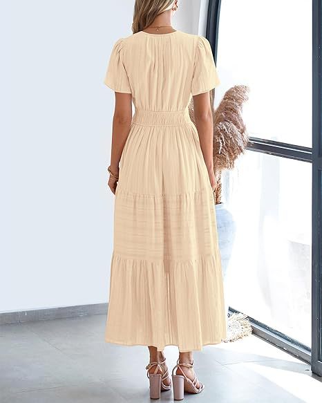 V-Neck Gathered Puff Sleeve Full Skirt Dress