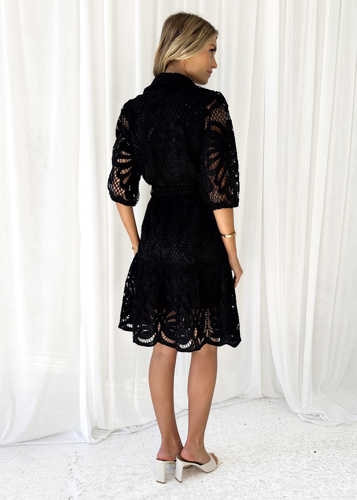 Hollowed-Out Lace Button Dress