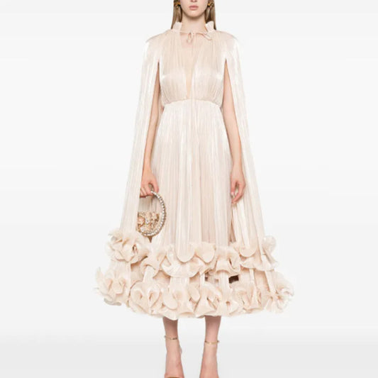 Cape-Effect Ruffled Midi Dress