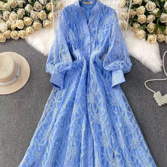 Stand-up collar embroidered mesh long dress