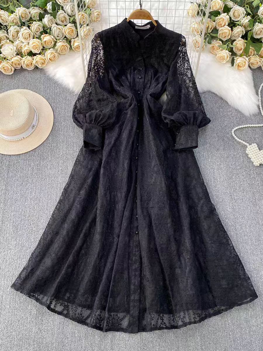 Stand-up collar embroidered mesh long dress