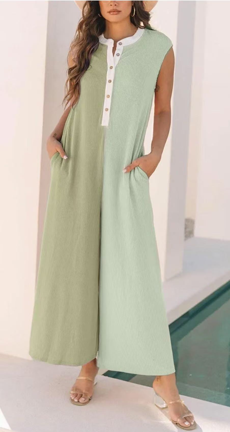 Casual Loose Color-blocked Sleeveless Jumpsuit