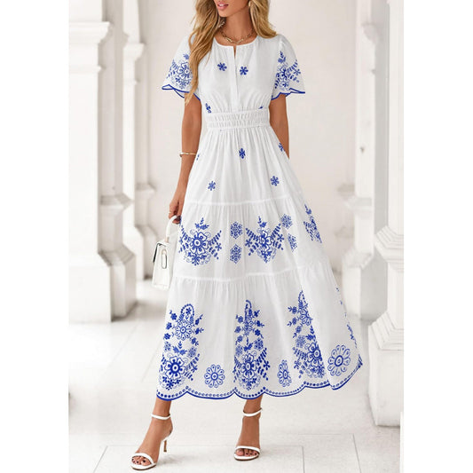 Floral Short Sleeve V Neck Maxi Elastic Waist Dress