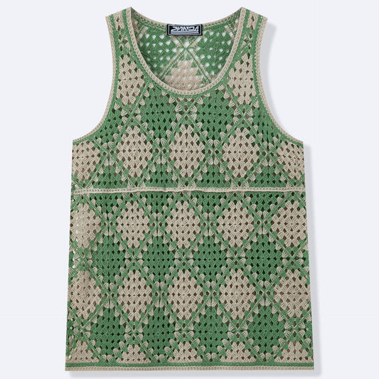 Color-blocked diamond pattern openwork knit vest