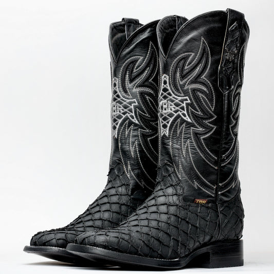 Matte Black Mini Pirarucu Leather Boots - Square Toe