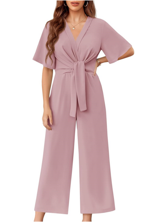 Short Sleeve Tie Knot Front Wide Leg Jumpsuits