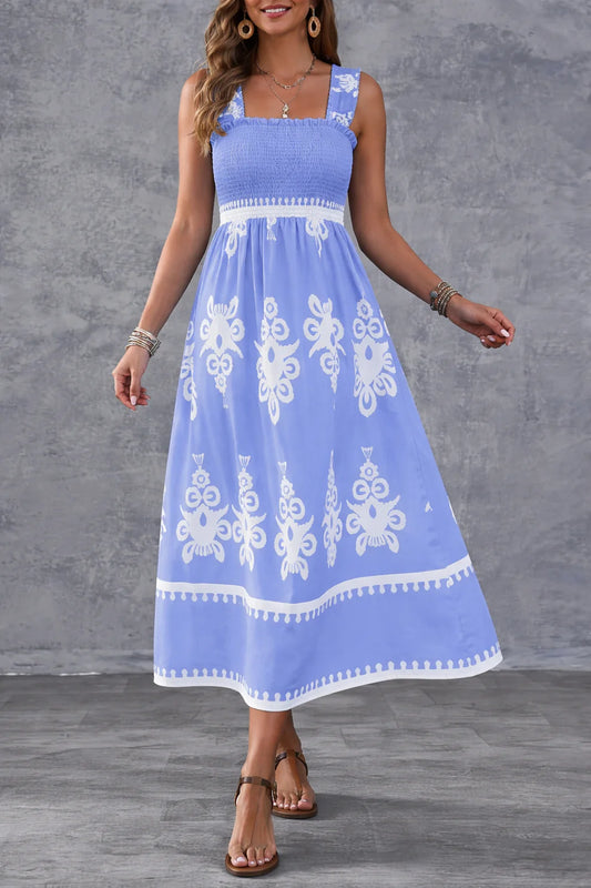 Sleeveless Square Neck Floral Aline Smocked Dresses with Pockets