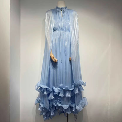 Cape-Effect Ruffled Midi Dress