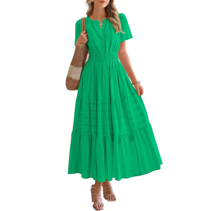 V-Neck Gathered Puff Sleeve Full Skirt Dress