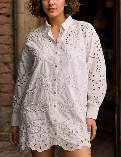 Loose Embroidered Cutout Shirt Dress