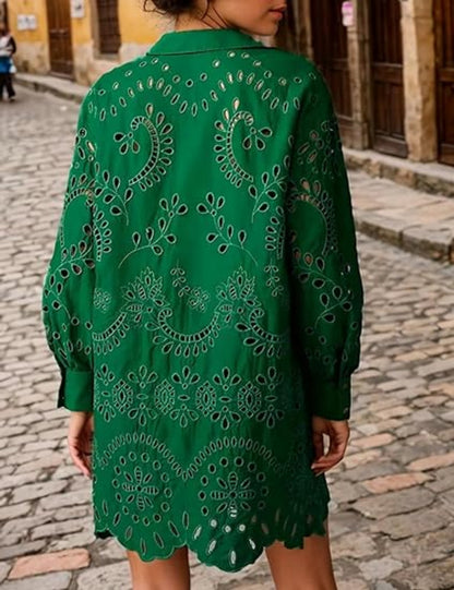 Loose Embroidered Cutout Shirt Dress