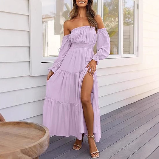 Off-Shoulder Side-Slit Layered Maxi Dress