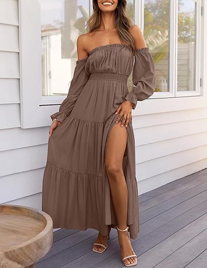 Off-Shoulder Side-Slit Layered Maxi Dress