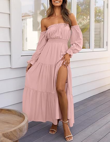 Off-Shoulder Side-Slit Layered Maxi Dress
