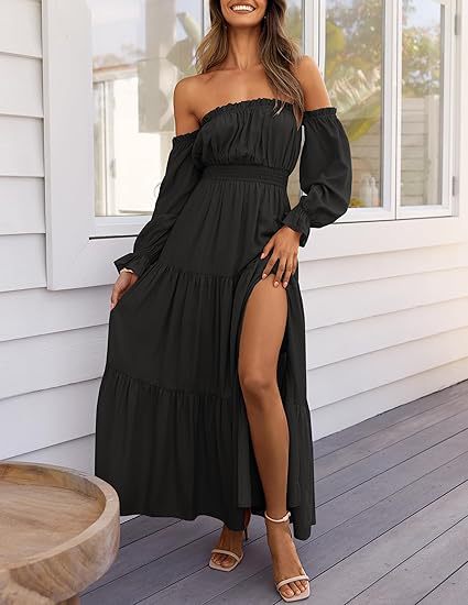 Off-Shoulder Side-Slit Layered Maxi Dress