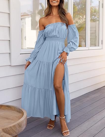 Off-Shoulder Side-Slit Layered Maxi Dress