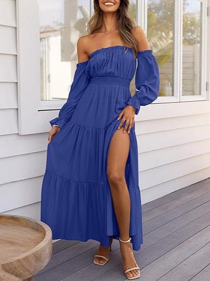 Off-Shoulder Side-Slit Layered Maxi Dress