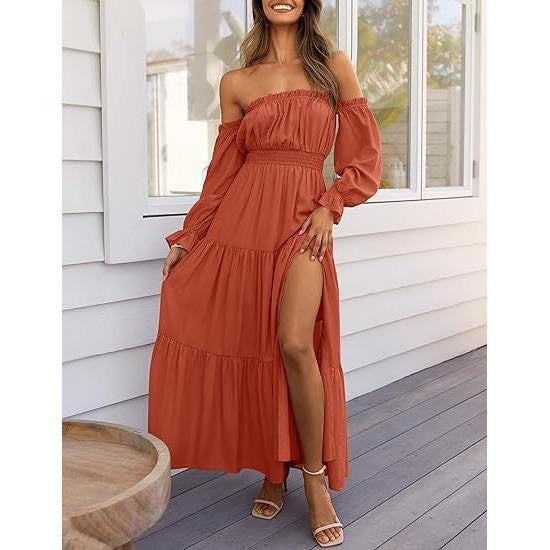 Off-Shoulder Side-Slit Layered Maxi Dress