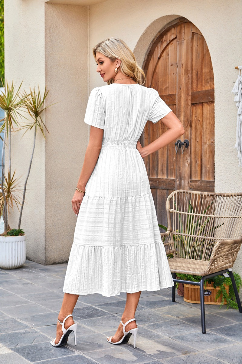 V-Neck Gathered Puff Sleeve Full Skirt Dress