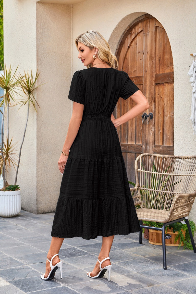 V-Neck Gathered Puff Sleeve Full Skirt Dress