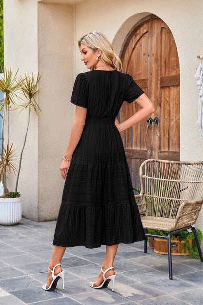 V-Neck Gathered Puff Sleeve Full Skirt Dress