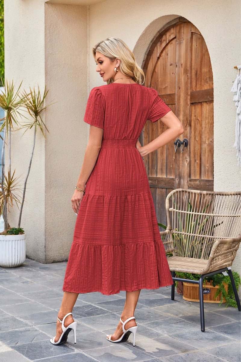 V-Neck Gathered Puff Sleeve Full Skirt Dress