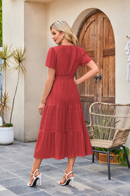 V-Neck Gathered Puff Sleeve Full Skirt Dress