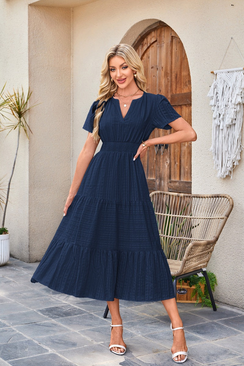 V-Neck Gathered Puff Sleeve Full Skirt Dress
