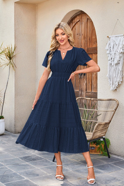 V-Neck Gathered Puff Sleeve Full Skirt Dress