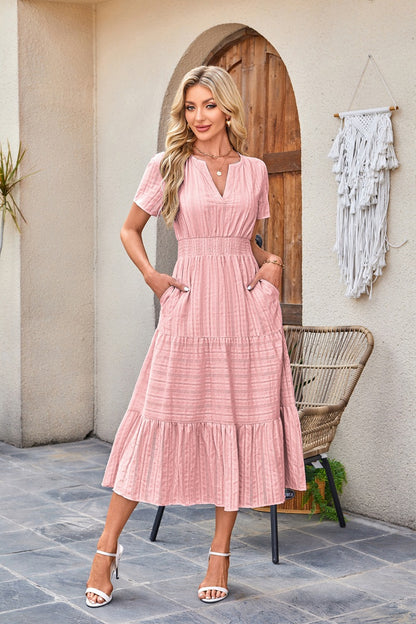 V-Neck Gathered Puff Sleeve Full Skirt Dress