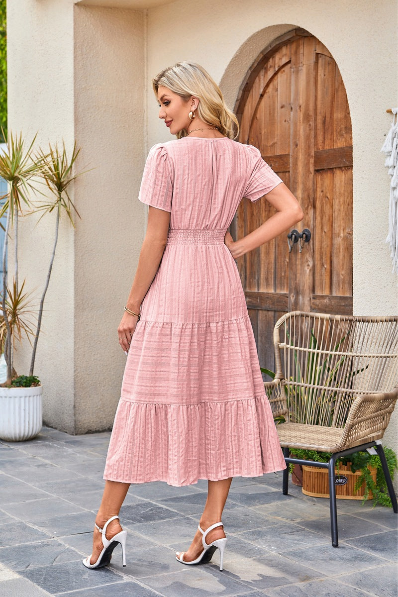 V-Neck Gathered Puff Sleeve Full Skirt Dress