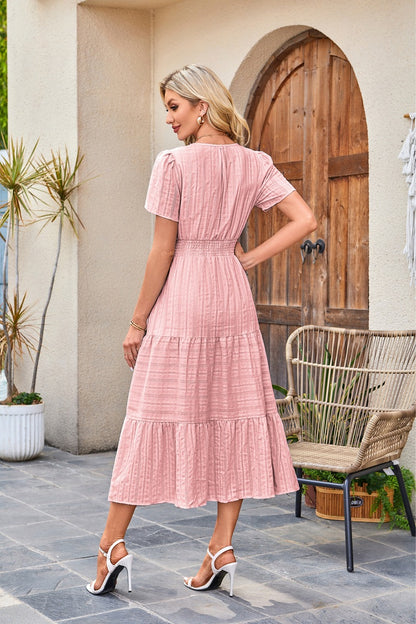 V-Neck Gathered Puff Sleeve Full Skirt Dress