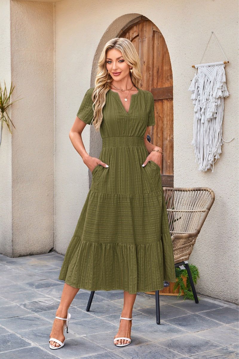 V-Neck Gathered Puff Sleeve Full Skirt Dress