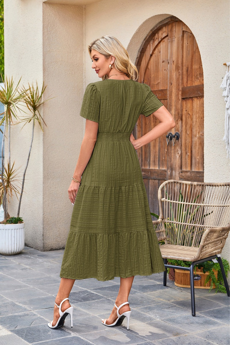 V-Neck Gathered Puff Sleeve Full Skirt Dress