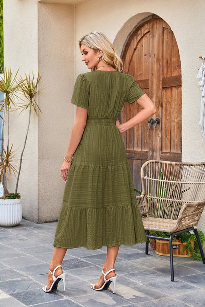 V-Neck Gathered Puff Sleeve Full Skirt Dress
