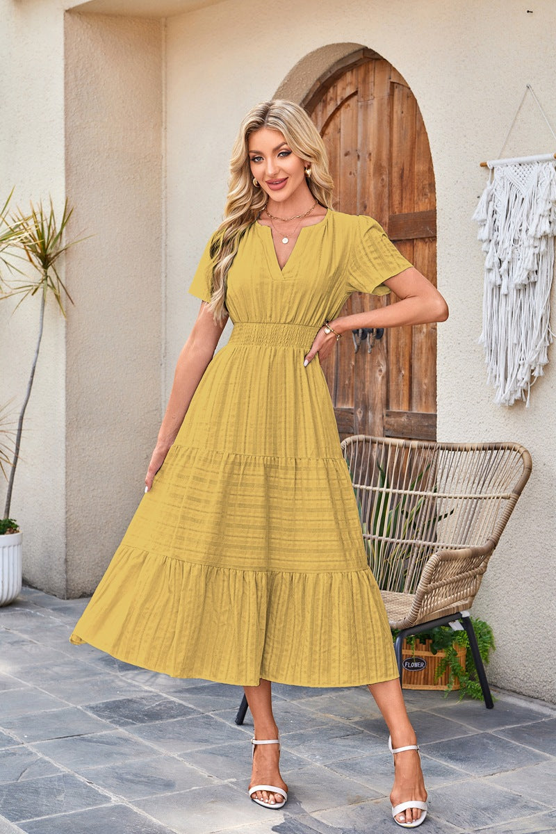 V-Neck Gathered Puff Sleeve Full Skirt Dress