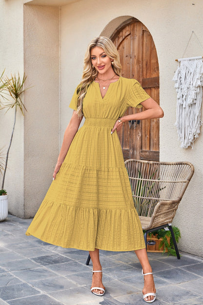 V-Neck Gathered Puff Sleeve Full Skirt Dress