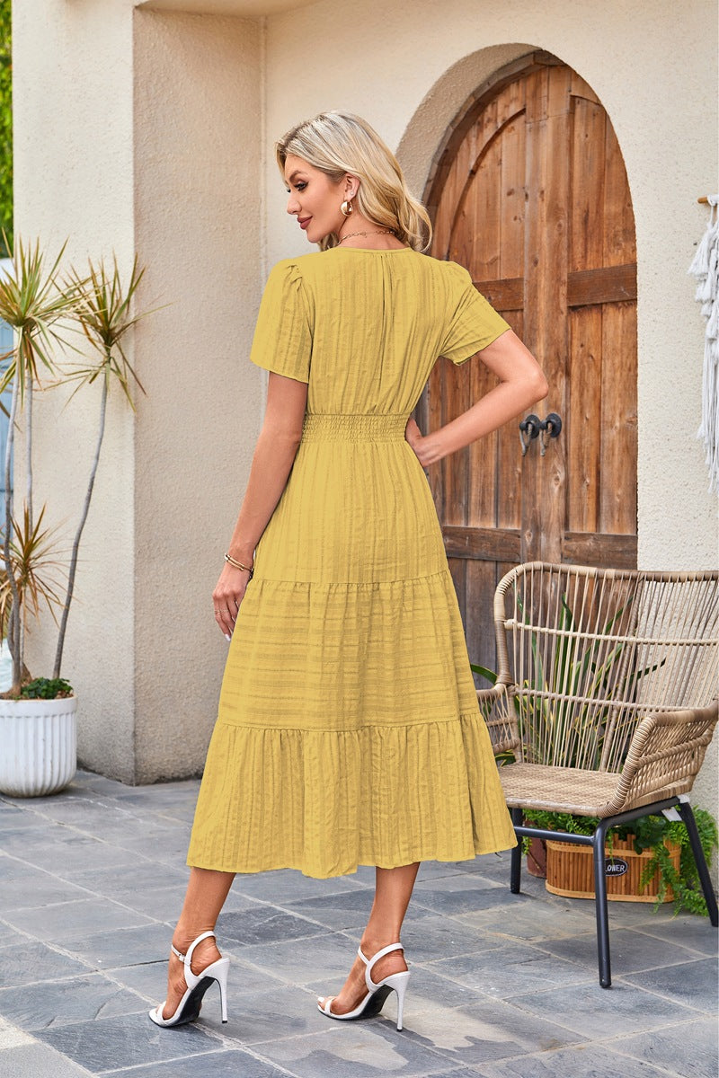 V-Neck Gathered Puff Sleeve Full Skirt Dress