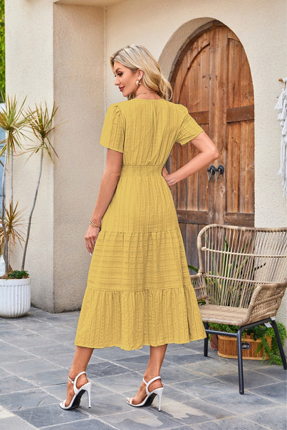 V-Neck Gathered Puff Sleeve Full Skirt Dress