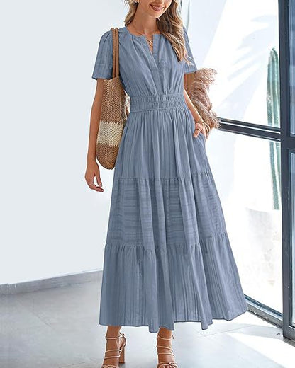 V-Neck Gathered Puff Sleeve Full Skirt Dress