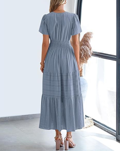 V-Neck Gathered Puff Sleeve Full Skirt Dress