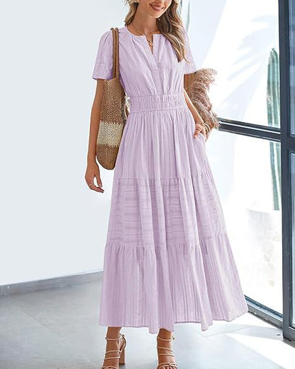V-Neck Gathered Puff Sleeve Full Skirt Dress