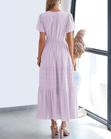V-Neck Gathered Puff Sleeve Full Skirt Dress