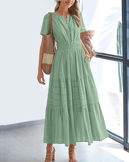 V-Neck Gathered Puff Sleeve Full Skirt Dress