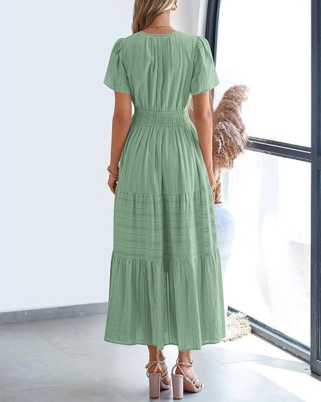 V-Neck Gathered Puff Sleeve Full Skirt Dress