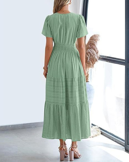 V-Neck Gathered Puff Sleeve Full Skirt Dress