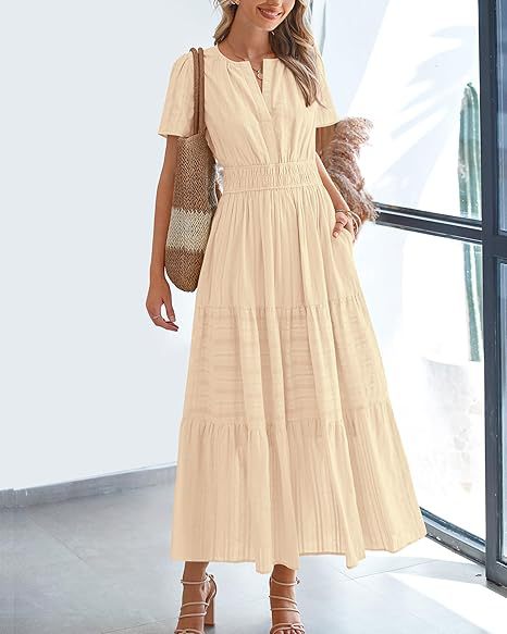 V-Neck Gathered Puff Sleeve Full Skirt Dress