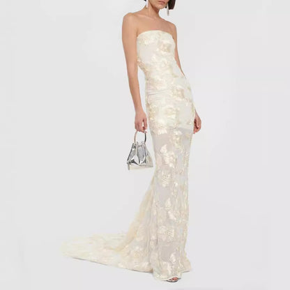 Pale Yellow 3D Jacquard Sheer Mesh Strapless Dress